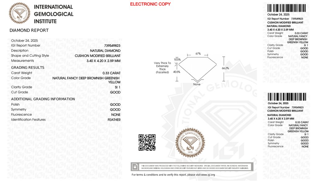 没有保留价 - 1 pcs 钻石  (天然色彩的)  - 0.33 ct - 枕形 - Fancy deep 稍帶棕色的, 稍帶綠色的 黄色 - SI1 微内含一级 - 国际宝石研究院（IGI） #4.3