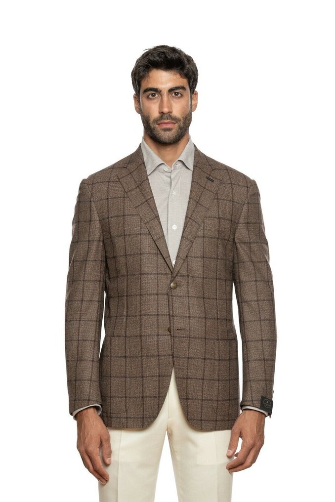 RRP 1150€ CORNELIANI Jacket Blazer Brown Checks Wool 130's + Leather - 50 IT - 彩色運動上衣 - New with tags #1.0