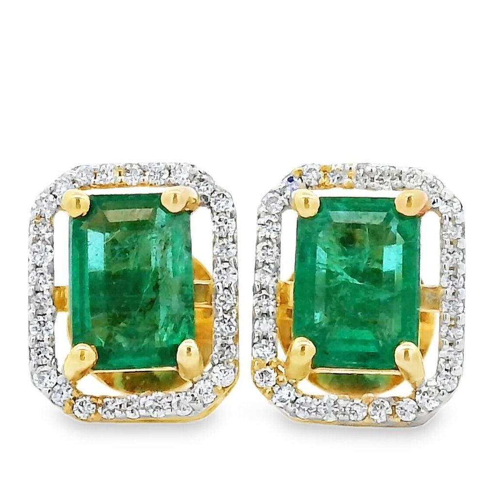 Σκουλαρίκια - 18 καράτια Κίτρινο χρυσό - 1.98ct. tw. Σμαράγδι - Διαμάντι #1.0