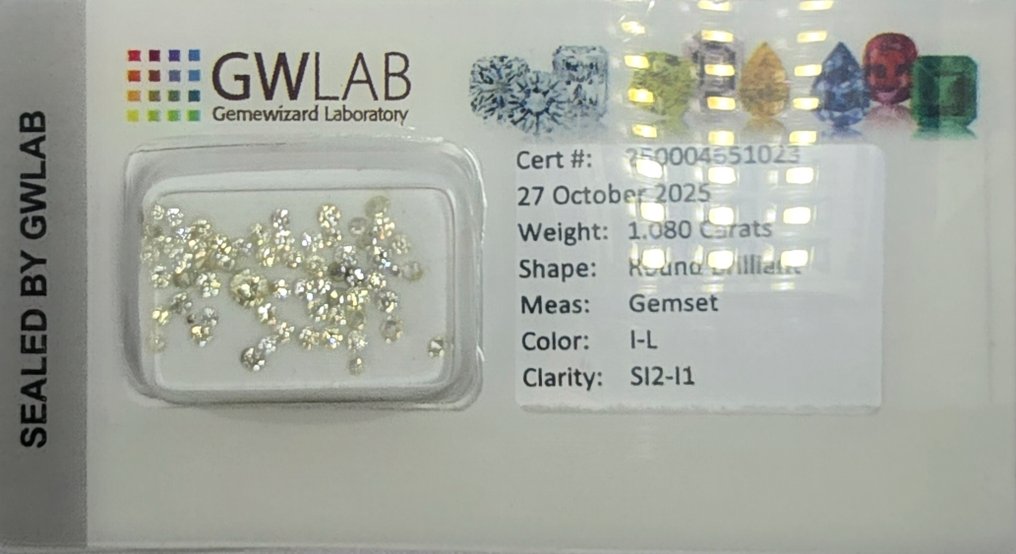 沒有保留價 - 63 pcs 鑽石 (天然) - 1.08 ct - 圓形 - I(極微黃、正面看為白色), L(輕微黃、帶有輕微黃的折射色) - SI2, I1 - Gemewizard Gemological Laboratory (GWLab) #1.0