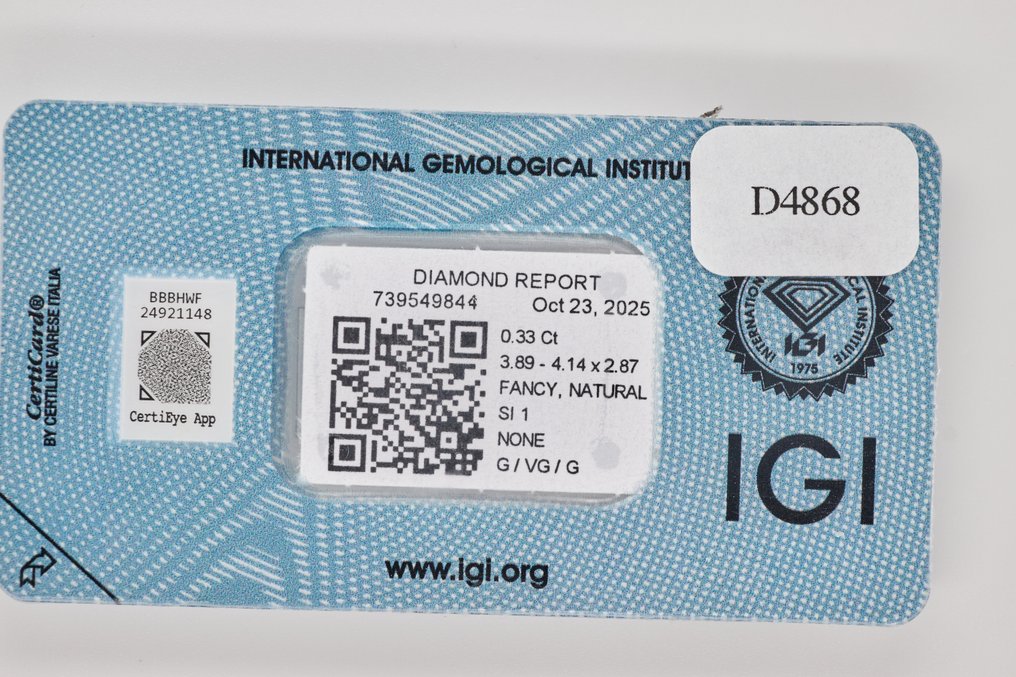 没有保留价 - 1 pcs 钻石 (天然色彩的) - 0.33 ct - 梨形 - Fancy intense 稍帶綠色的, 稍帶棕色的 黄色 - SI1 微内含一级 - 国际宝石研究院(IGI) #3.2