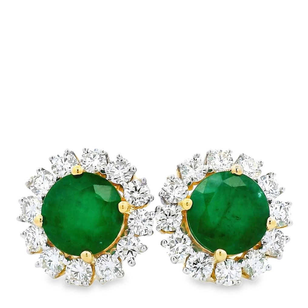 Boucles d'oreilles - 18 carats Or jaune - 5.55ct. tw. Émeraude - Diamant - Boucles d'oreilles à diamants émeraude #1.0