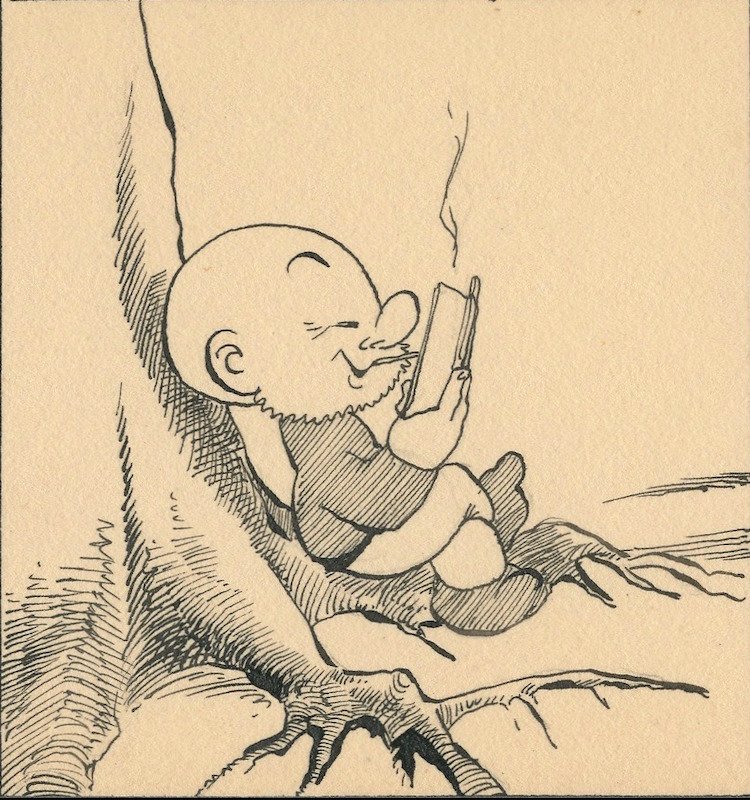 Dulieu, Jean - 1 Original drawing - Paulus de Boskabouter - "Paulus leest een boek" (begin jaren 1950) #1.0