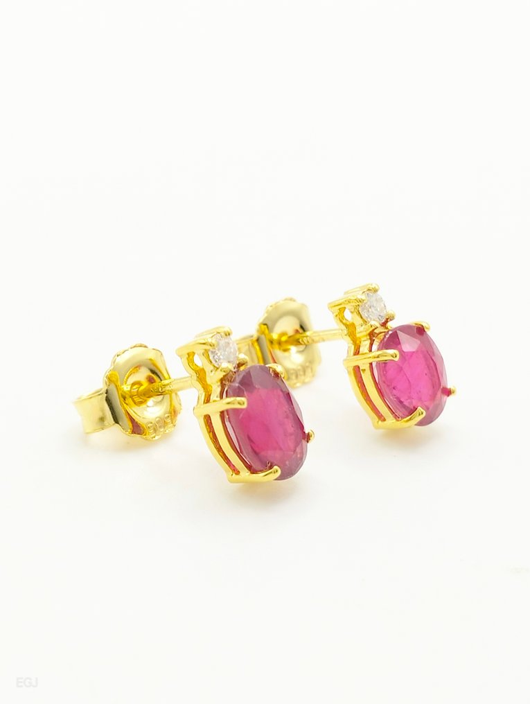 没有保留价 - 耳环 - 14K包金 黄金 红宝石 - 钻石 #2.1
