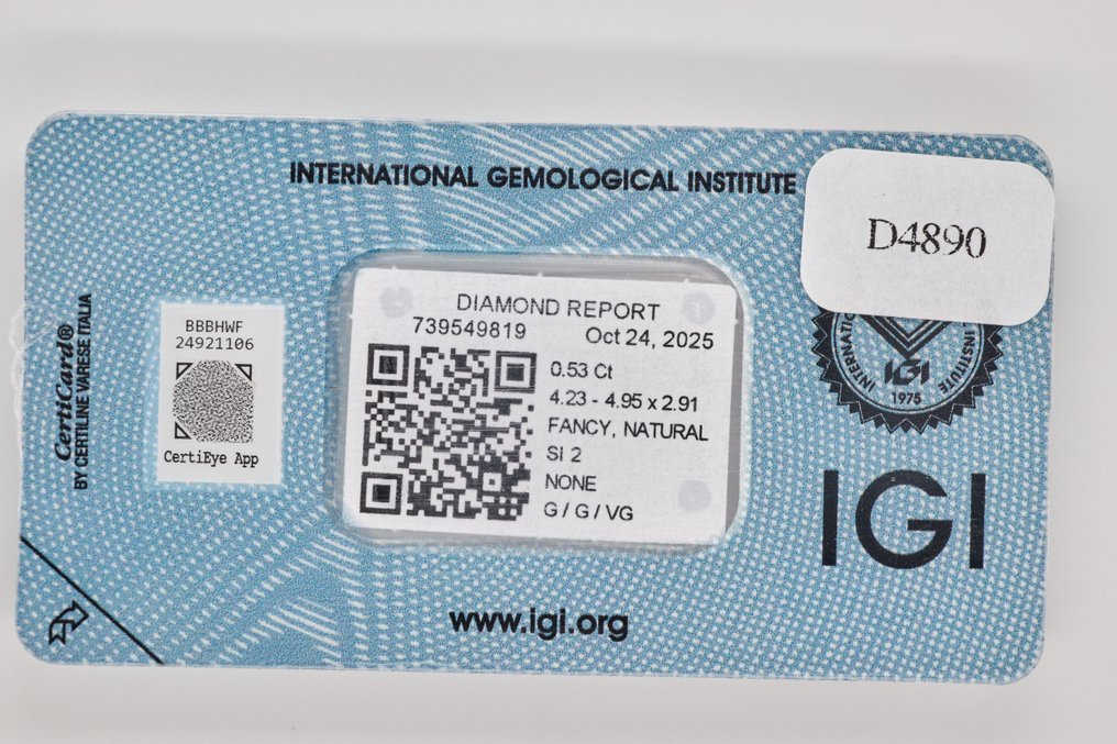 χωρίς τιμή ασφαλείας - 1 pcs Διαμάντι  (Φυσικού χρώματος)  - 0.53 ct - Κούσιον - Fancy intense Καφετί, Πρασινωπό Κίτρινο - SI2 - International Gemological Institute (IGI) #3.2