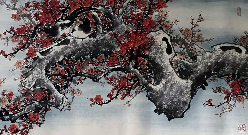 INK AND COLOR ON PAPER PAINTING"Plum bossom"《喜上眉梢》 - Attributed to - China #3.2