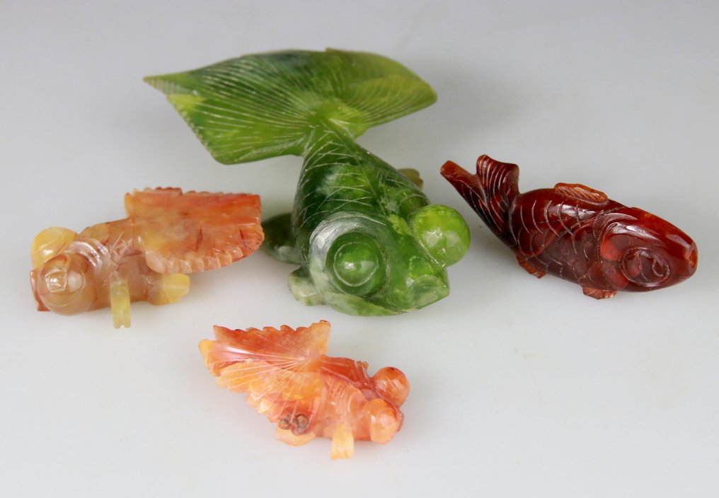4x Collection Sculptures - Statuettes - Poissons - Agate, Agate Cornaline - Serpentine - Chine - XXe siècle #1.0
