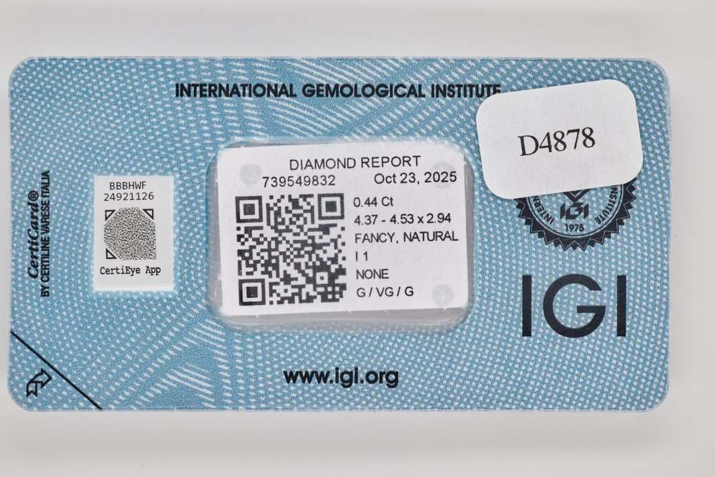 没有保留价 - 1 pcs 钻石 (天然色彩的) - 0.44 ct - 梨形 - Fancy 稍帶棕色的 黄色 - I1 内含一级 - 国际宝石研究院(IGI) #3.2