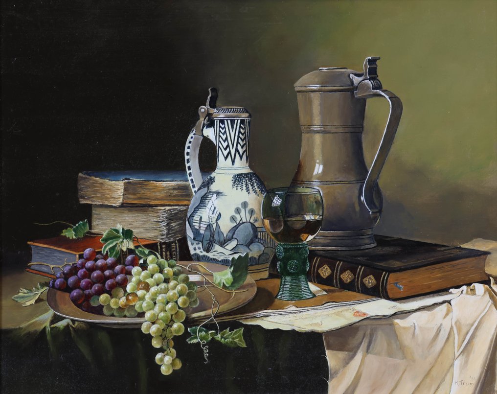 K. Trum - Stilleven met kan, kruik, boeken en druiven #1.0