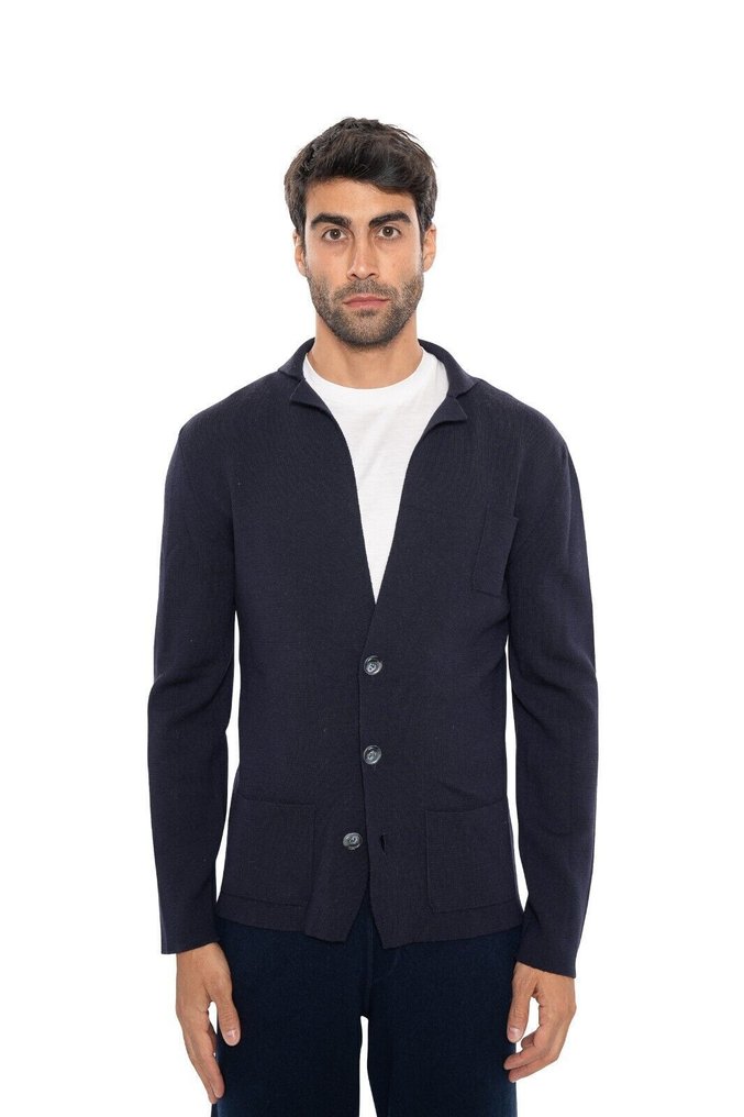 RRP 1650€ FEDELI CASHMERE Blue Navy Cardigan Jacket Superfine Wool 140's - 48 IT - Cardigan - New with tags #1.0