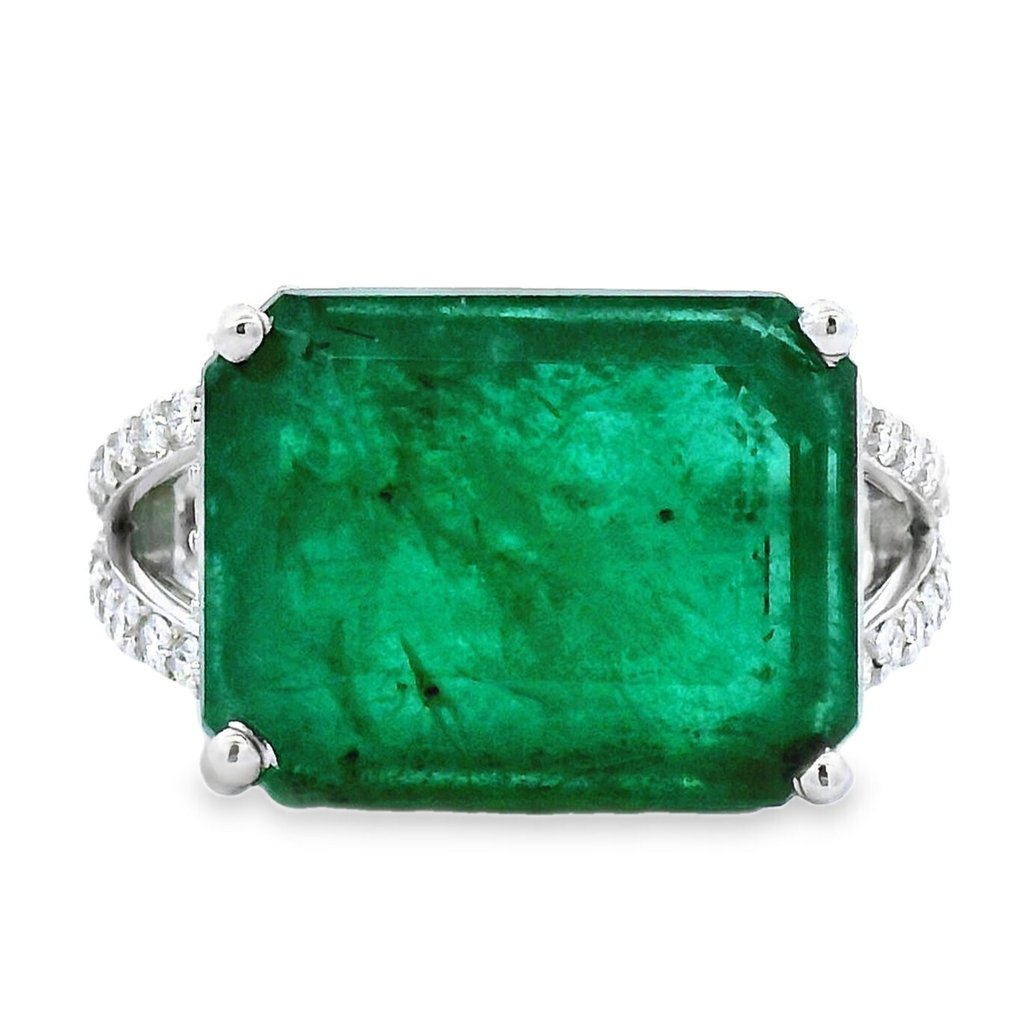 Δαχτυλίδι - 14 καράτια Λευκός χρυσός -  11.07ct. tw. Σμαράγδι - Διαμάντι #1.0