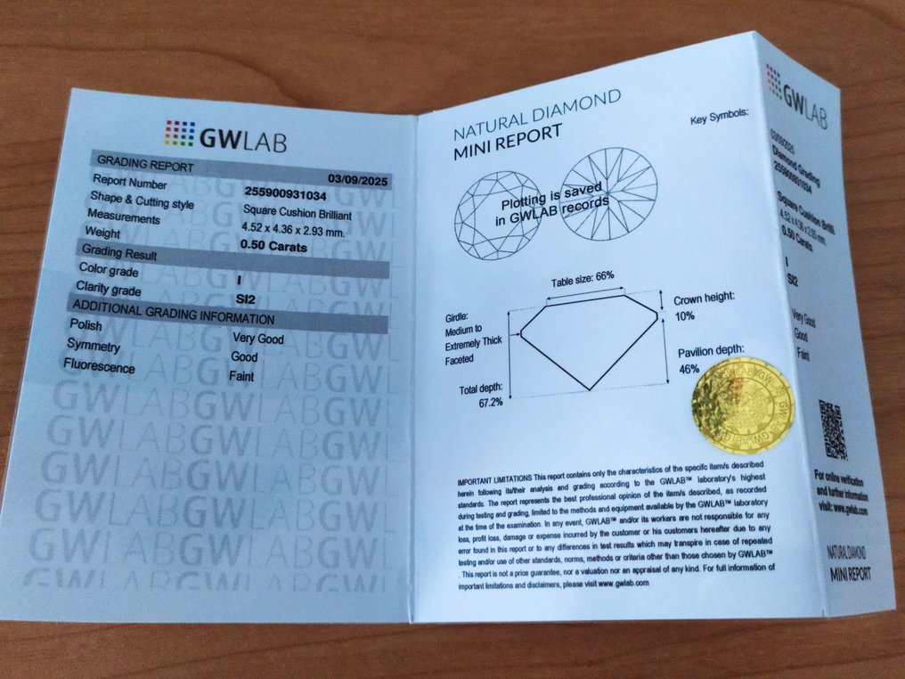 1 pcs Diamant (Naturlig) - 0.50 ct - Pute - I - SI2 - Gemewizard Gemologisk laboratorium (GWLab) #2.1