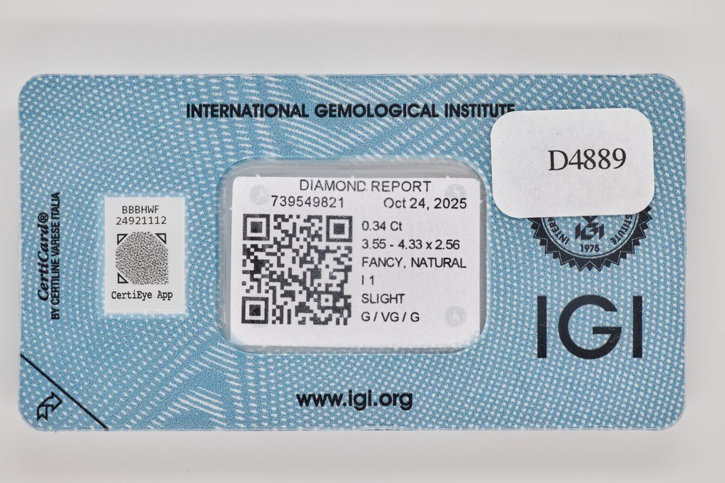 没有保留价 - 1 pcs 钻石 (天然色彩的) - 0.34 ct - 枕形 - Fancy intense 稍帶棕色的 黄色 - I1 内含一级 - 国际宝石研究院(IGI) #3.2