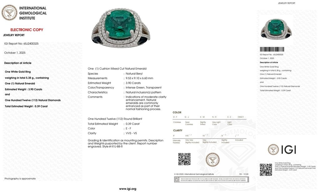 Sormus - 18 kt. Valkokulta - 4.29ct. tw. Smaragdi - Timantti #4.3