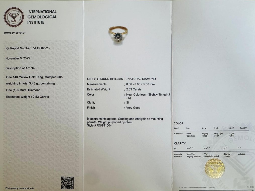 訂婚戒指 - 14 克拉 黃金 -  2.53ct. tw. 鉆石 (天然) #2.1