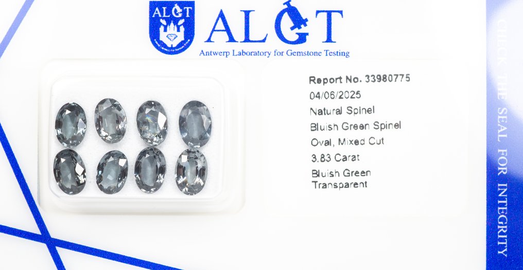 Zonder minimumprijs - 8 pcs  Spinel  - 3.83 ct - Antwerp Laboratory for Gemstone Testing (ALGT) - Bluish Green #3.2