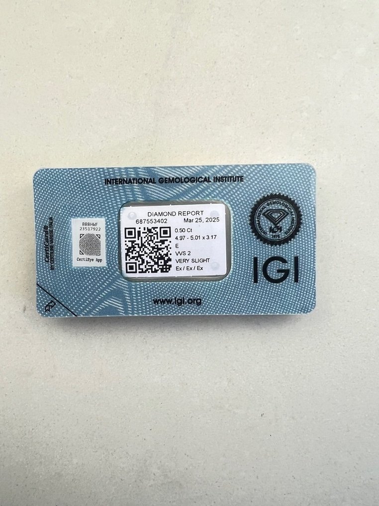 1 pcs 钻石  (天然)  - 0.50 ct - 圆形 - E - VVS2 极轻微内含二级 - 国际宝石研究院（IGI） #1.0