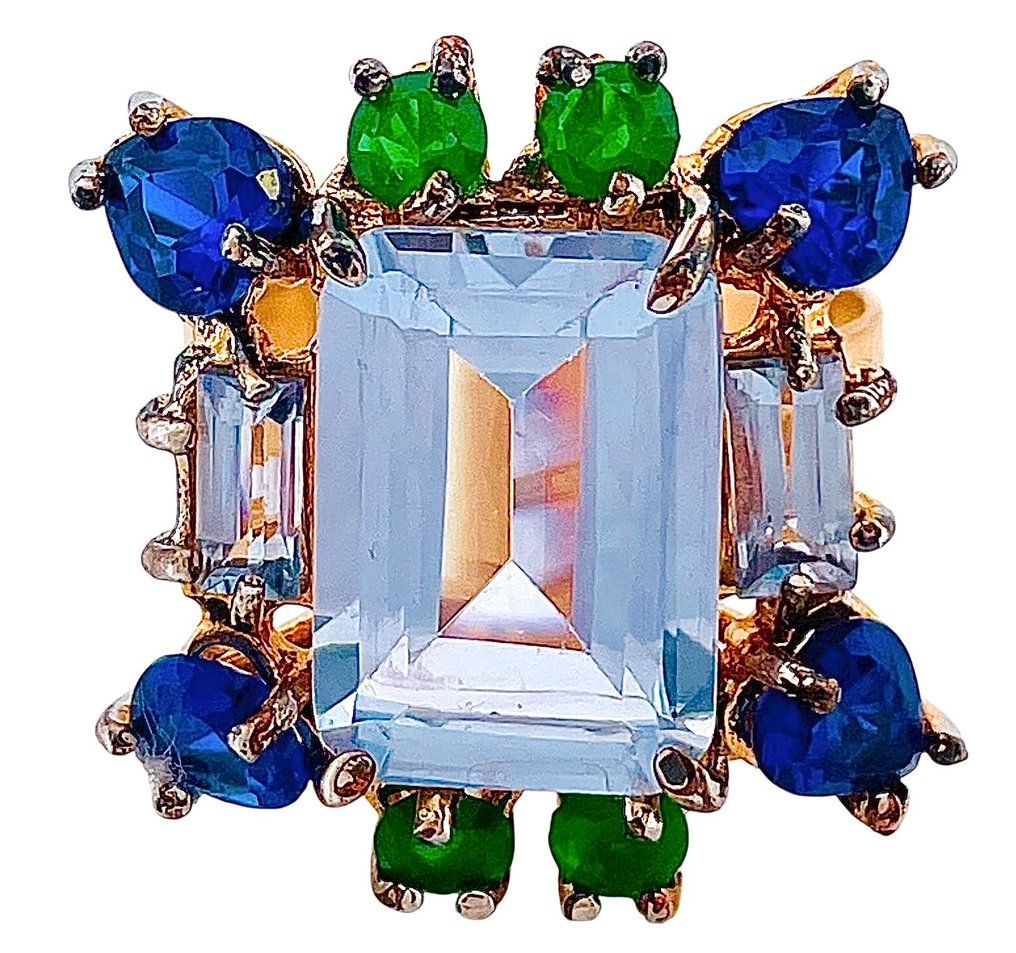 Ingen mindstepris - Ring - 9 kt. Gulguld, Sølv Akvamarin - Safir #1.0