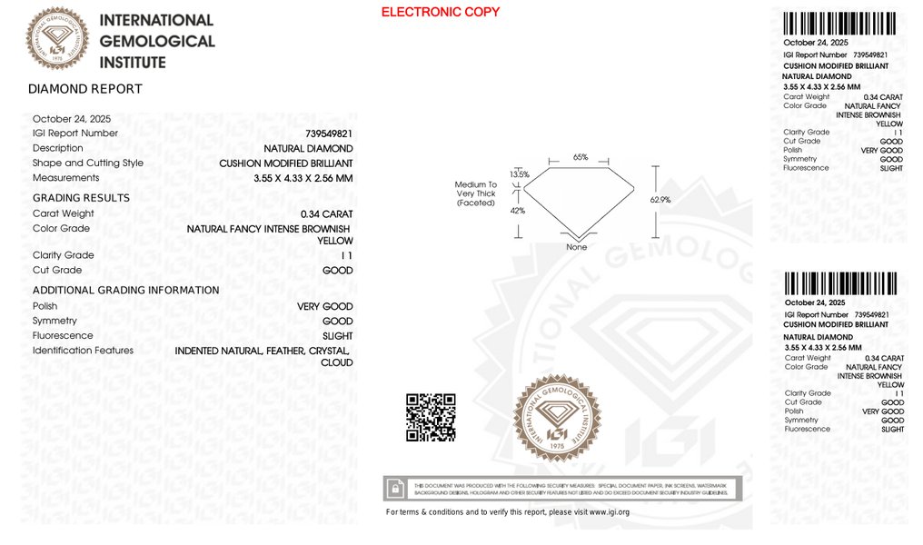 没有保留价 - 1 pcs 钻石 (天然色彩的) - 0.34 ct - 枕形 - Fancy intense 稍帶棕色的 黄色 - I1 内含一级 - 国际宝石研究院(IGI) #4.3
