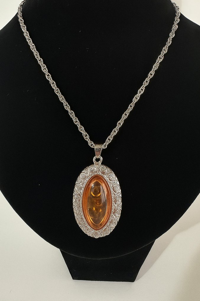 琥珀椭圆吊坠项链配银链 - 琥珀  (沒有保留價) #2.1