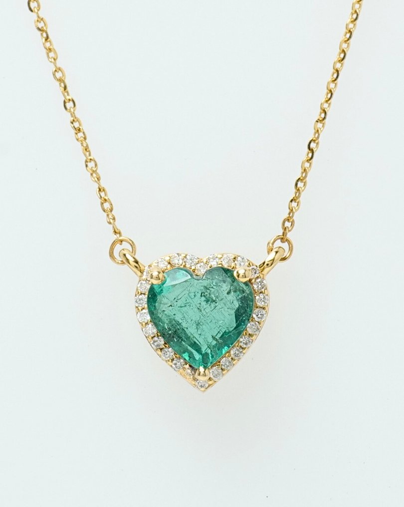 頸鏈 - 14 克拉 黃金 -  1.65ct. tw. 祖母綠 - 鉆石 - 心形光环石项链 #1.0