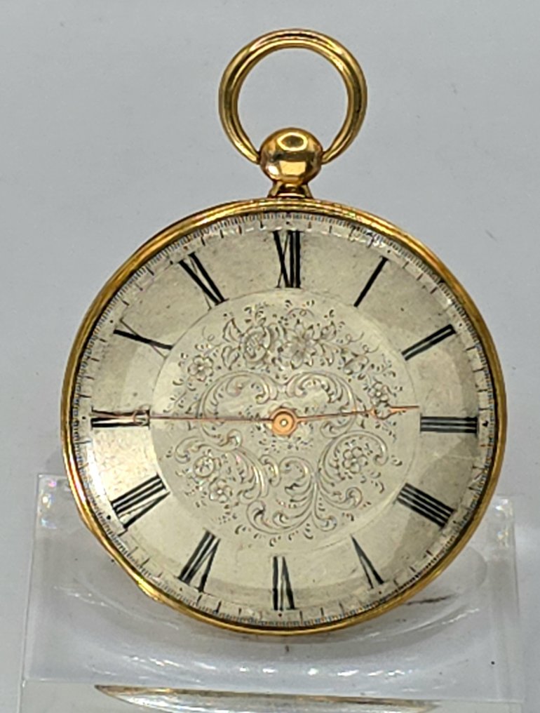Paris - Extraflache 6mm 18kt. Punktaschenuhr - komplett gravierte Werkplatine - Negativaufzug - Schweiz um 1840 - 1850-1900 #2.1