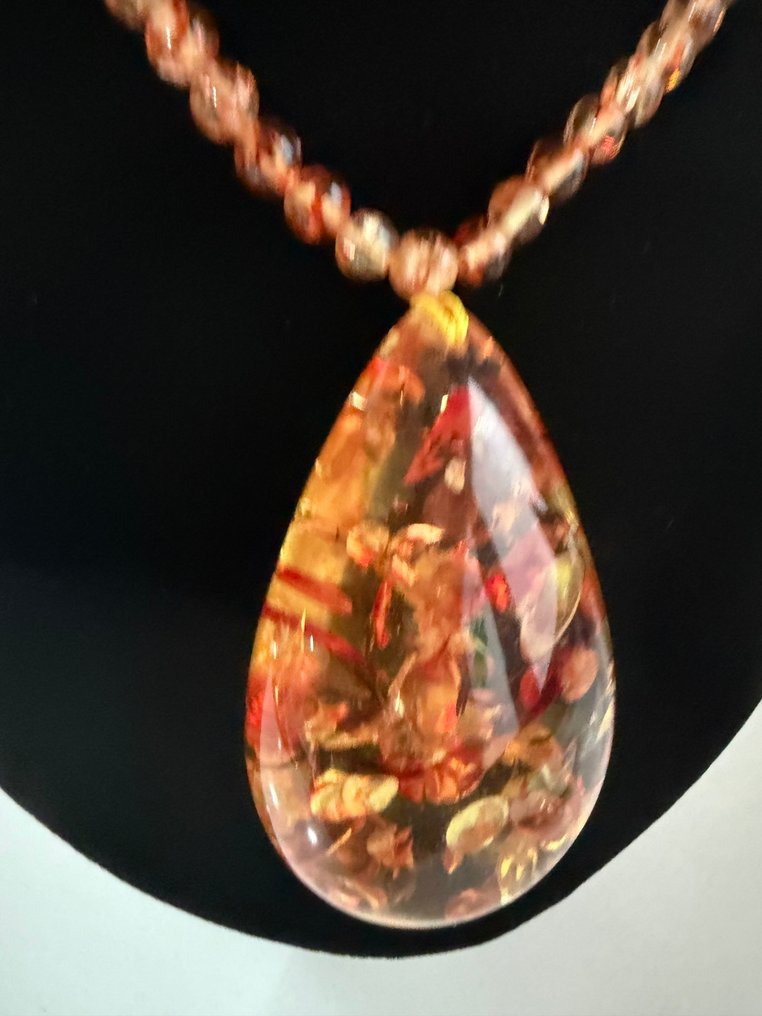 Amber Teardrop Pendant Necklace Beads with Embedded Chips - Amber (No Reserve Price) #4.3