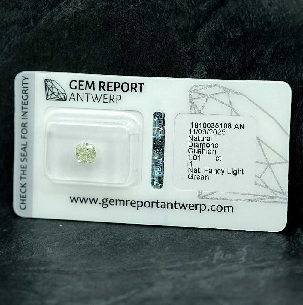 1 pcs Διαμάντι  (Φυσικού χρώματος)  - 1.01 ct - Κούσιον - Fancy light Πράσινο - I1 - Gem Report Antwerp (GRA) #2.1
