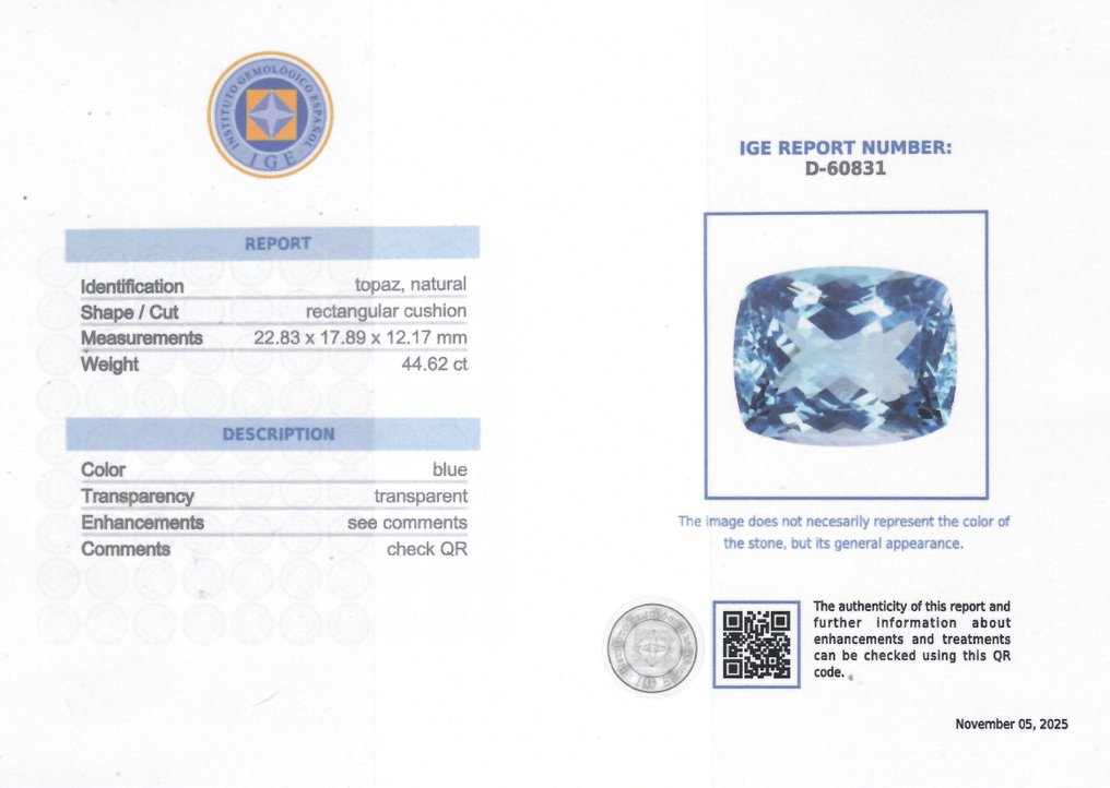 藍色 黃玉 - 44.62 ct - Instituto Gemólogico Español (IGE) #2.1
