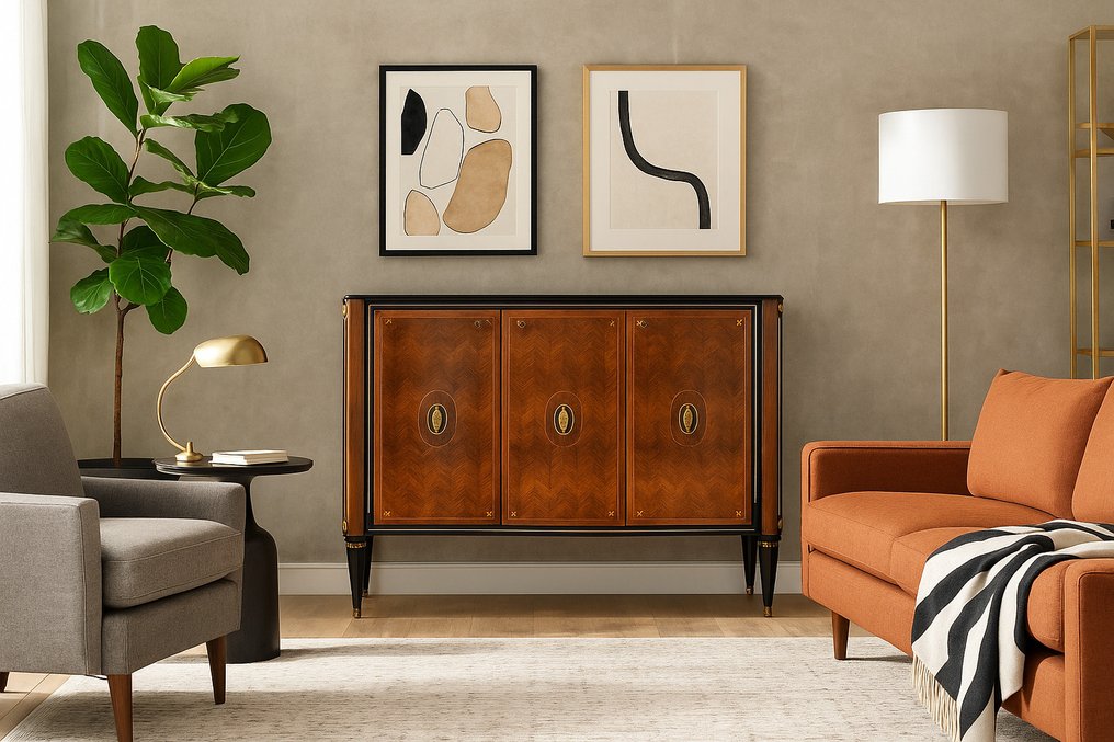 餐具橱 - 装饰艺术风格的陈设柜，采用50年代独特木材材质。 - 红木, 枫木, 蔷薇木, 黄铜, 玻璃 #1.0