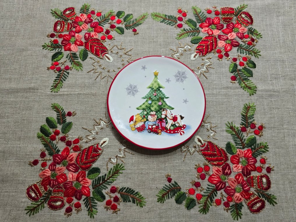 Tovaglia Natalizia quadrata ricamata a mano in canapa di lino Natale ecrù color tablecloth christmas - Tablecloth  - 130 cm - 130 cm #1.0