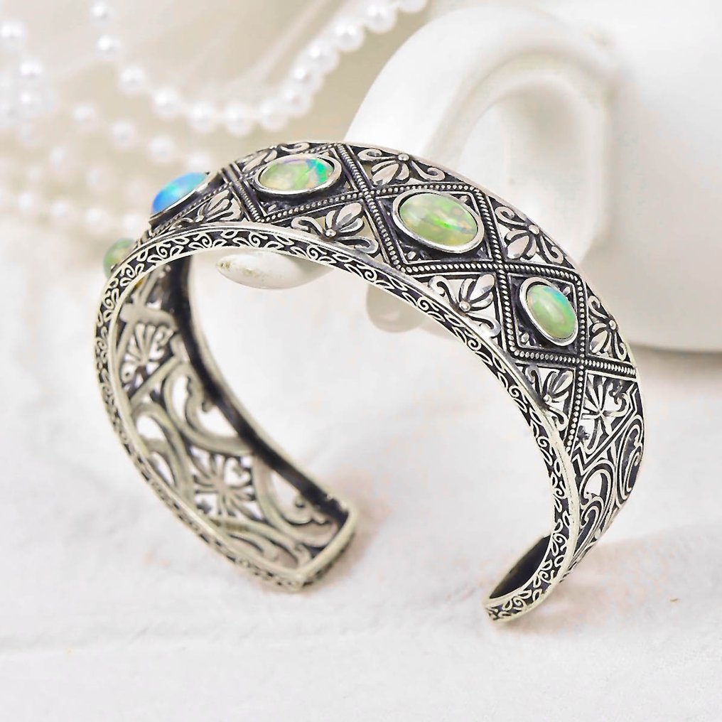 没有保留价 - 手镯 银 - Opal - 认证 #4.3