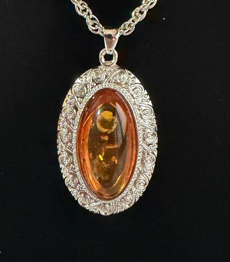 琥珀椭圆吊坠项链配银链 - 琥珀  (沒有保留價) #1.0
