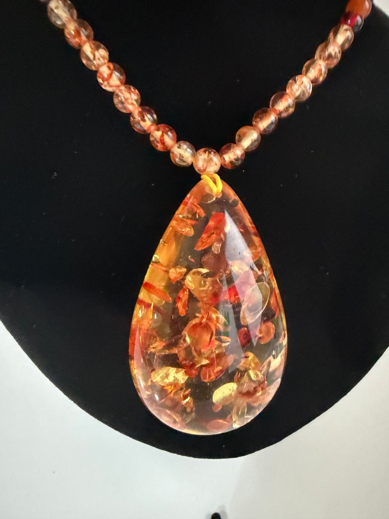 Amber Teardrop Pendant Necklace Beads with Embedded Chips - Amber (No Reserve Price) #3.2