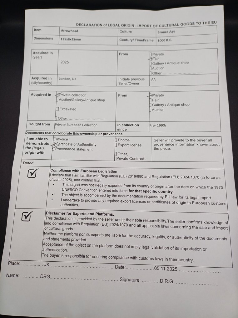 Bronze Age Bronze Long Arrowhead - 135 mm  (No reserve price) #3.2