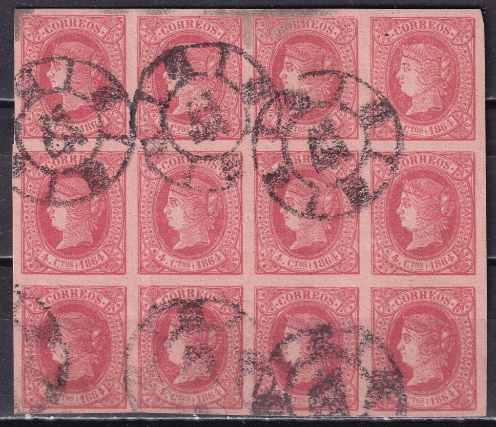 Espanha 1864 - Isabel II - Edifil 64 - 4 Quartos Vermelho - Bloco 12 - Carimbo RC 41 San Sebastián #1.0
