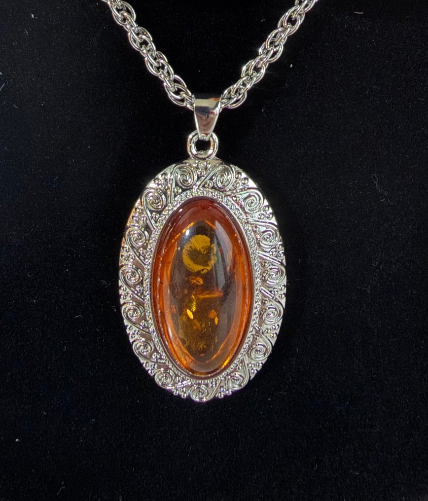 琥珀椭圆吊坠项链配银链 - 琥珀  (沒有保留價) #4.3