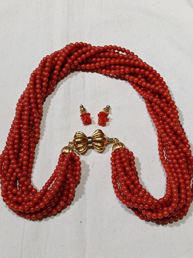 Ensemble de bijoux 2 pièces - 18 carats Or jaune Corail rouge - Corail rouge - Parure précieuse SARDEGNA #3.2