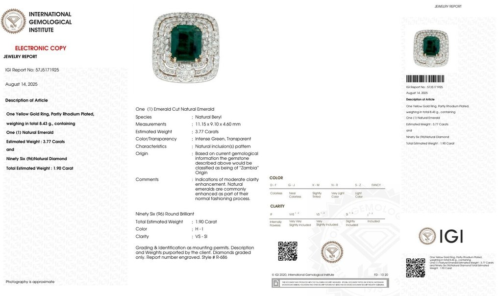 戒指 - 14 克拉 黃金, 镀铑 - 5.67ct. tw. 祖母綠 - 鉆石 - 14K 或 18K #2.1
