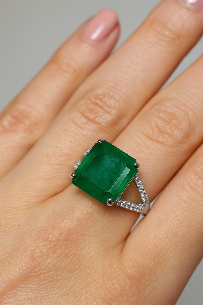 Δαχτυλίδι - 14 καράτια Λευκός χρυσός -  11.07ct. tw. Σμαράγδι - Διαμάντι #2.1