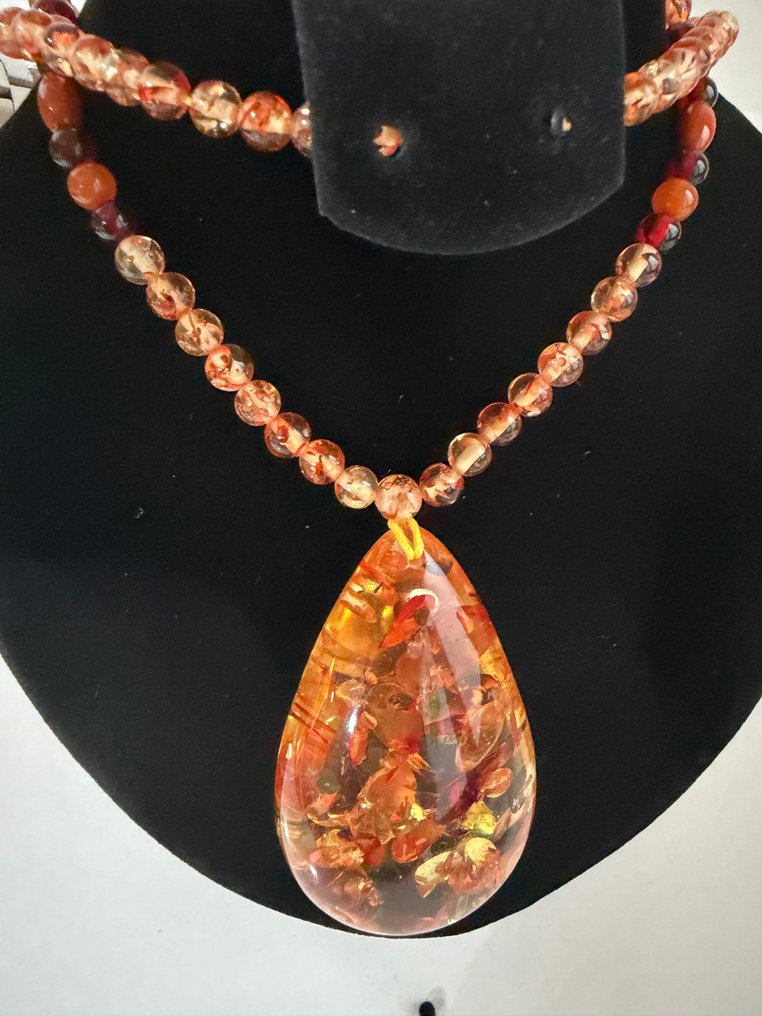 Amber Teardrop Pendant Necklace Beads with Embedded Chips - Amber (No Reserve Price) #2.1