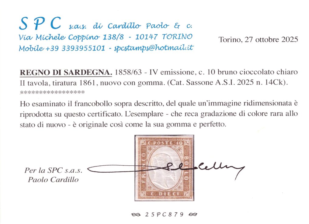 State Italiene Antice - Sardinia 1861 - 10 c. Bruno Cioccolato deschis, a doua tablă, cauciuc original, cu urmă de linguellă. - Sassone 14Ck #2.1