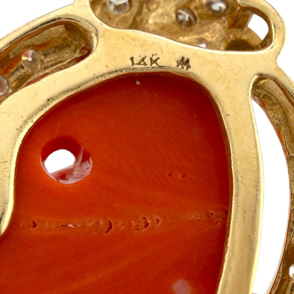 吊坠 - 14K包金 独家14K黄金大号雕刻珊瑚与1.15克拉钻石鸡形吊坠, 黄金 - 1.15ct. tw. 钻石 (天然) #2.1