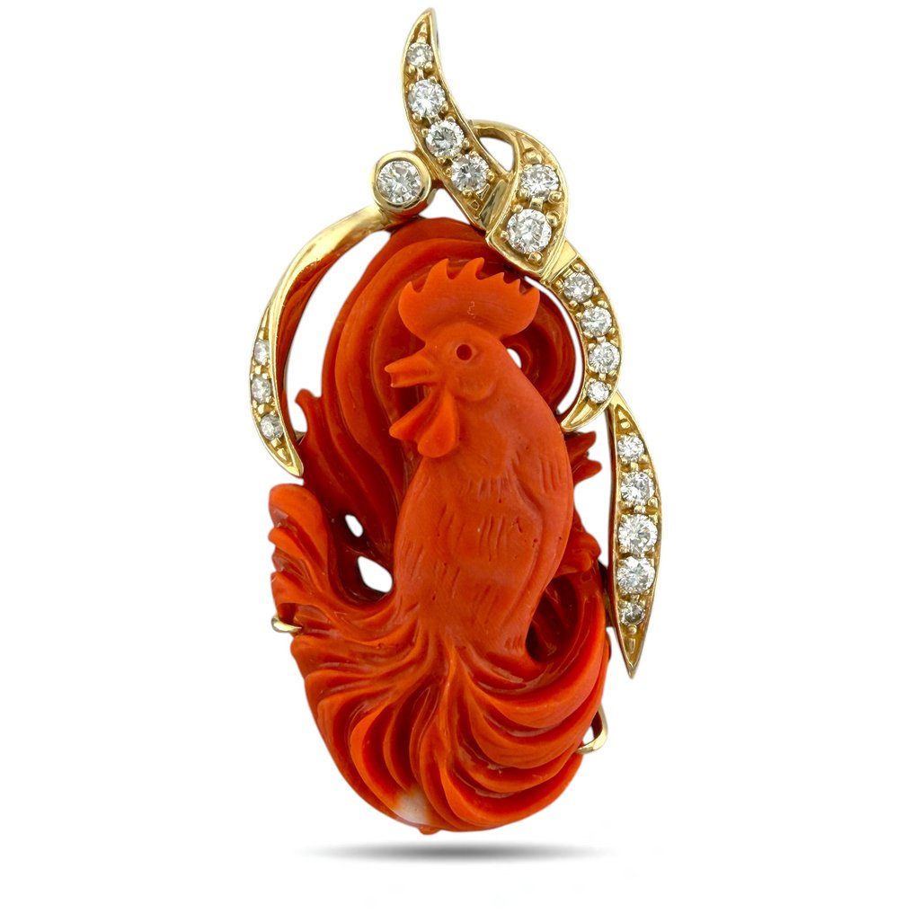 吊坠 - 14K包金 独家14K黄金大号雕刻珊瑚与1.15克拉钻石鸡形吊坠, 黄金 - 1.15ct. tw. 钻石 (天然) #1.0