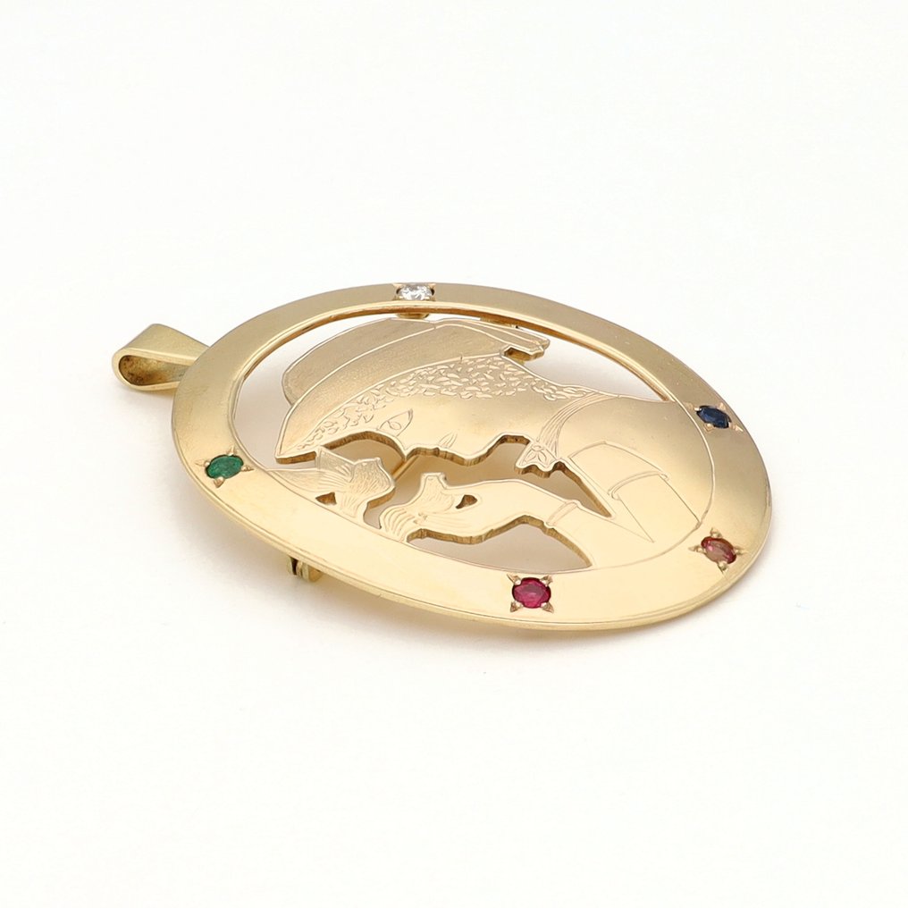 胸針 - 14 克拉 黃金 藍寶石 - 紅寶石 - 绿宝石/钻石/吊坠 #2.1