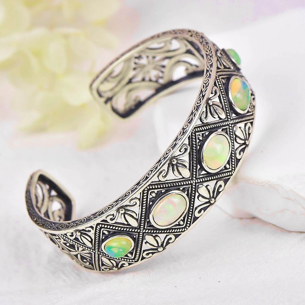 没有保留价 - 手镯 银 - Opal - 认证 #1.0