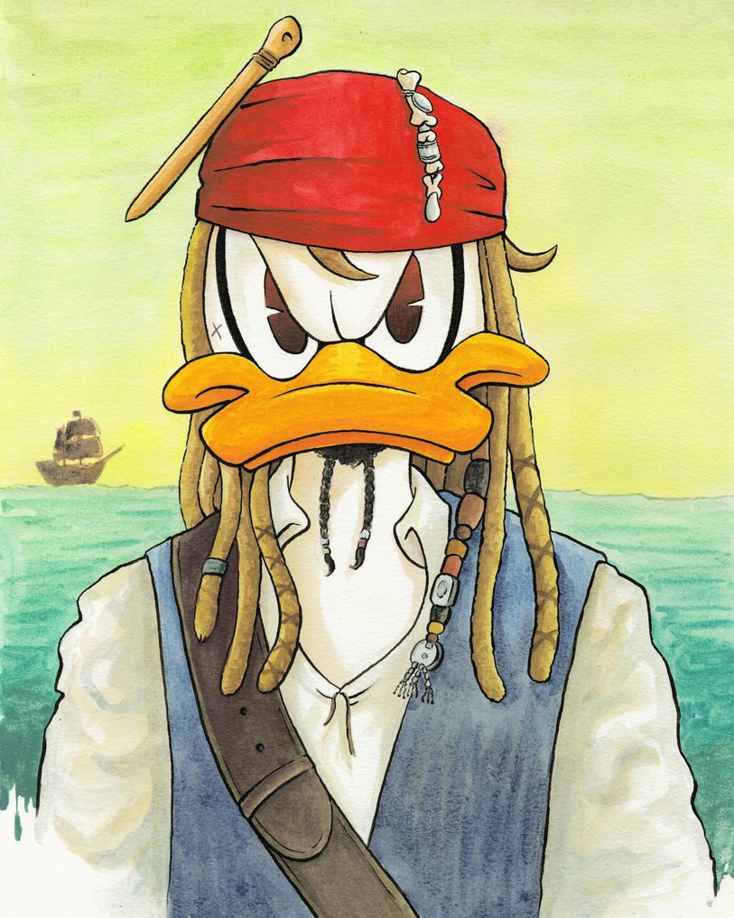 Jordi Juan Pujol - Original akvarel - Donald Duck as Jack Sparrow – Hand Signed #3.2