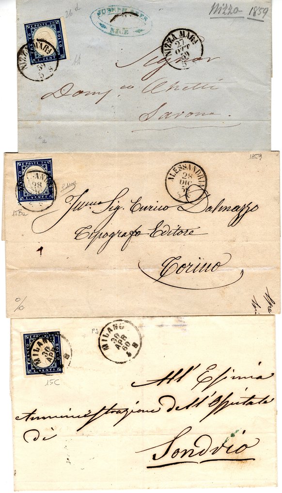 Italian Ancient States - Sardinia 1857/1859 - Set of 3 stamped envelopes with 20ct. in various interesting shades. #1.0
