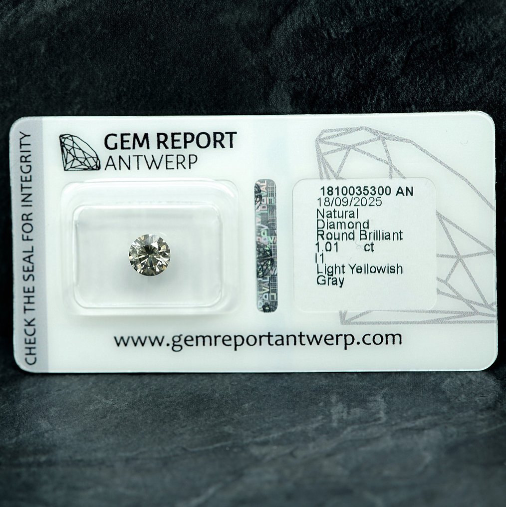 1 pcs 鑽石  (天然彩色)  - 1.01 ct - 圓形 - Light 淡黃色 灰色 - I1 - Gem Report Antwerp (GRA) #1.0