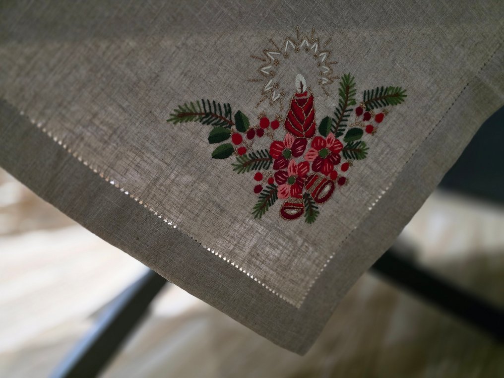 Tovaglia Natalizia quadrata ricamata a mano in canapa di lino Natale ecrù color tablecloth christmas - Tablecloth  - 130 cm - 130 cm #4.3